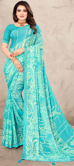 Blue color Saree in Chiffon fabric with Lace, Printed work