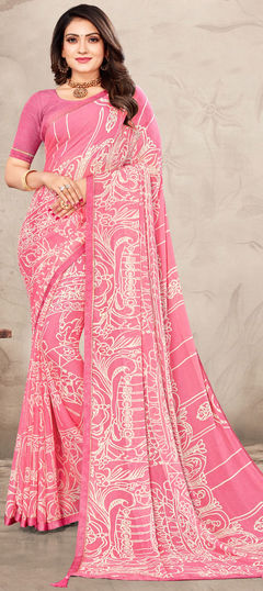 Pink and Majenta color Saree in Chiffon fabric with Lace, Printed work