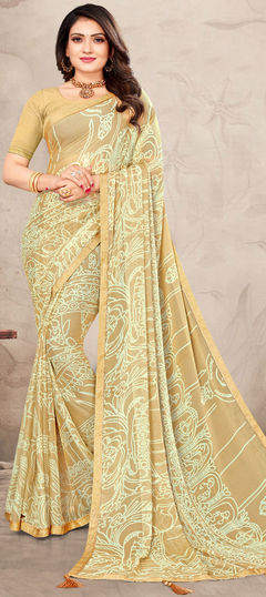 Beige and Brown color Saree in Chiffon fabric with Lace, Printed work