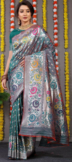 Green color Saree in Art Silk, Silk fabric with Printed, Weaving work