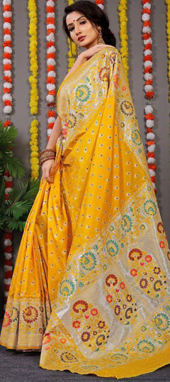 Yellow color Saree in Art Silk, Silk fabric with Printed, Weaving work