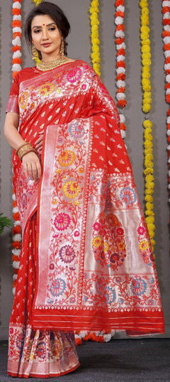 Red and Maroon color Saree in Art Silk, Silk fabric with Printed, Weaving work