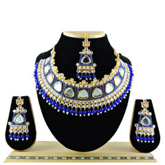 Gold Rodium Polish Blue color Necklace in Metal Alloy studded with CZ Diamond
