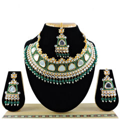 Gold Rodium Polish Green color Necklace in Metal Alloy studded with CZ Diamond