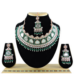 Gold Rodium Polish Green color Necklace in Metal Alloy studded with CZ Diamond, Pearl