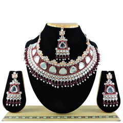 Gold Rodium Polish Red and Maroon color Necklace in Metal Alloy studded with CZ Diamond, Pearl