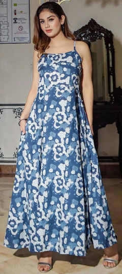 Blue color Gown in Cotton fabric with Printed work