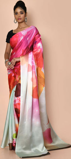 Reception, Traditional Multicolor color Saree in Satin Silk, Silk fabric with Classic, South Digital Print, Floral work : 1878110