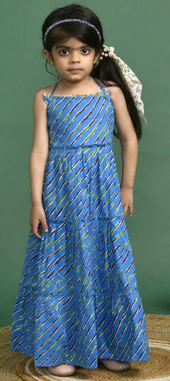 Festive Blue color Girls Dress in Cotton fabric with Lehariya, Printed work : 1878233