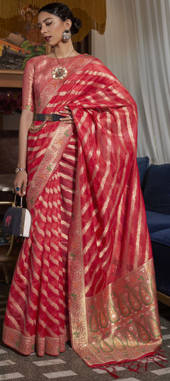 Party Wear, Reception, Traditional Red and Maroon color Saree in Organza Silk, Silk fabric with South Weaving work : 1878265