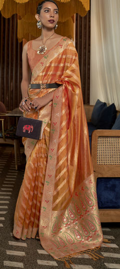 Party Wear, Reception, Traditional Orange color Saree in Organza Silk, Silk fabric with South Weaving work : 1878270