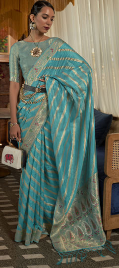 Party Wear, Reception, Traditional Blue color Saree in Organza Silk, Silk fabric with South Weaving work : 1878273