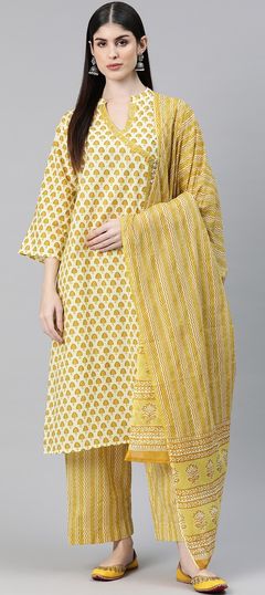 Party Wear, Summer Yellow color Salwar Kameez in Cotton fabric with Straight Printed work : 1878334