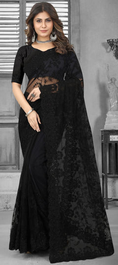 Festive, Mehendi Sangeet, Reception Black and Grey color Saree in Net fabric with Classic Embroidered, Moti, Resham, Stone, Thread work : 1878376