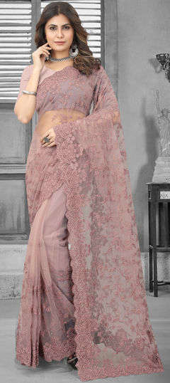 Purple and Violet color Saree in Net fabric with Embroidered, Moti, Resham, Stone, Thread work