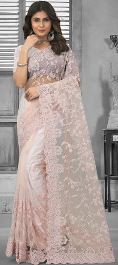 Festive, Mehendi Sangeet, Reception Pink and Majenta color Saree in Net fabric with Classic Embroidered, Moti, Resham, Stone, Thread work : 1878380