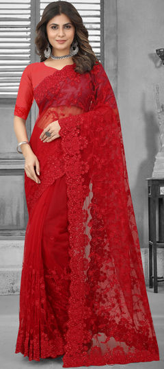 Festive, Mehendi Sangeet, Reception Red and Maroon color Saree in Net fabric with Classic Embroidered, Moti, Resham, Stone, Thread work : 1878382