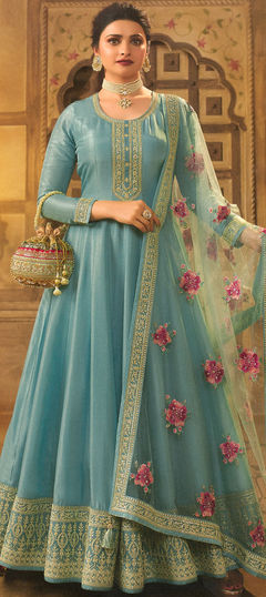 Bollywood Blue color Salwar Kameez in Dolla Silk fabric with Anarkali Thread, Zari work : 1878396