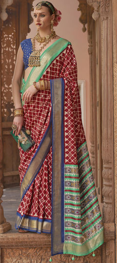 Red and Maroon color Saree in Patola Silk, Silk fabric with Printed work