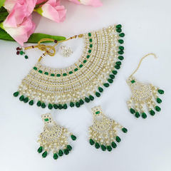Gold Rodium Polish Green color Necklace in Metal Alloy studded with CZ Diamond