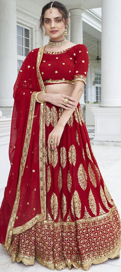 Red and Maroon color Lehenga in Faux Georgette fabric with Embroidered, Sequence, Thread work