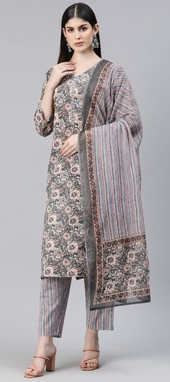 Party Wear, Summer Black and Grey color Salwar Kameez in Cotton fabric with Straight Bugle Beads, Printed work : 1878825