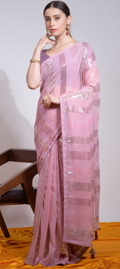 Pink and Majenta color Saree in Georgette fabric with Embroidered, Sequence, Thread work