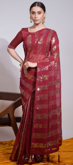 Red and Maroon color Saree in Georgette fabric with Embroidered, Sequence, Thread work