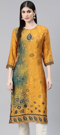 Green, Yellow color Kurti in Viscose fabric with Printed, Sequence, Thread work