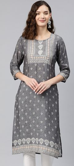 Black and Grey color Kurti in Viscose fabric with Printed, Thread, Zari work