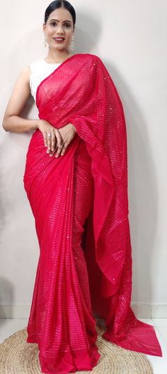 Red and Maroon color Saree in Georgette fabric with Sequence work