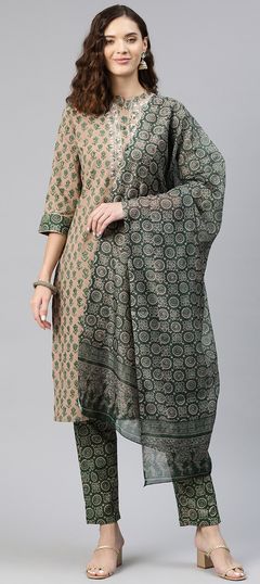 Party Wear, Summer Beige and Brown, Green color Salwar Kameez in Cotton fabric with Straight Printed, Thread, Zari work : 1879906