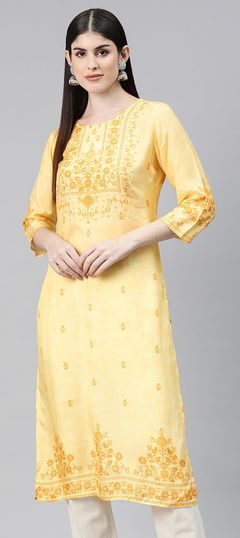 Yellow color Kurti in Viscose fabric with Printed, Sequence work