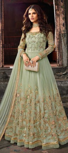 Green color Salwar Kameez in Net fabric with Embroidered, Stone, Thread, Zari work