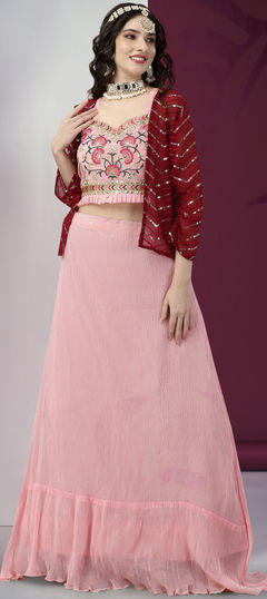 Pink and Majenta color Lehenga in Georgette fabric with Embroidered, Resham, Thread work