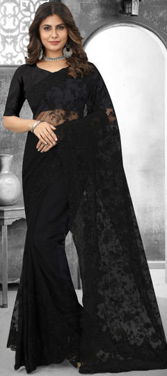 Black and Grey color Saree in Net fabric with Embroidered, Moti, Resham, Stone, Thread work