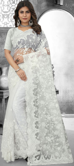 White and Off White color Saree in Net fabric with Embroidered, Moti, Resham, Stone, Thread work