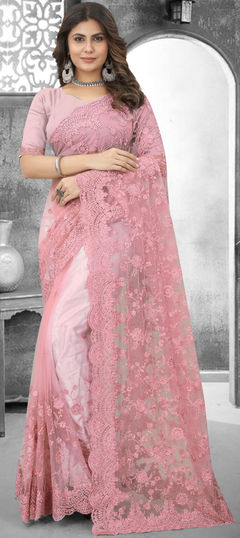 Pink and Majenta color Saree in Net fabric with Embroidered, Moti, Resham, Stone, Thread work