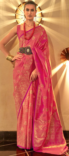 Party Wear, Traditional Pink and Majenta color Saree in Handloom fabric with South Weaving work : 1880424