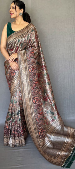 Black and Grey color Saree in Art Silk, Silk fabric with Printed work