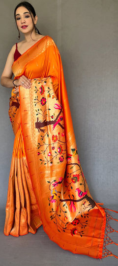 Orange color Saree in Silk, Tussar Silk fabric with Weaving work