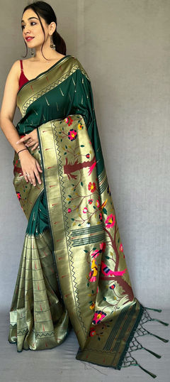 Green color Saree in Silk, Tussar Silk fabric with Weaving work