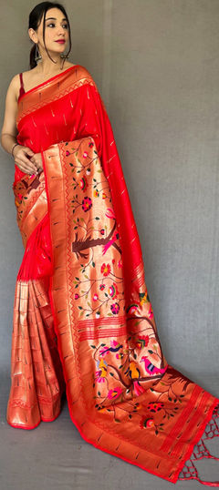 Red and Maroon color Saree in Silk, Tussar Silk fabric with Weaving work