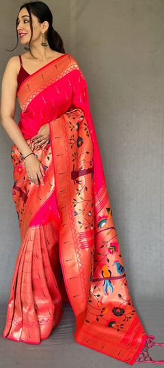 Pink and Majenta color Saree in Silk, Tussar Silk fabric with Weaving work