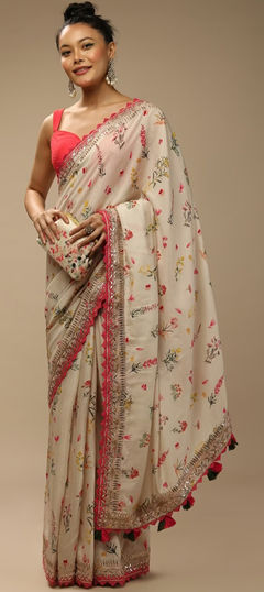 Beige and Brown color Saree in Art Silk fabric with Embroidered, Printed, Sequence, Thread work