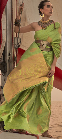 Green color Saree in Satin Silk, Silk fabric with Weaving work