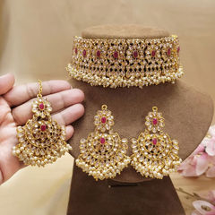 Red and Maroon color Necklace in Metal Alloy studded with CZ Diamond, Pearl & Gold Rodium Polish : 1880726