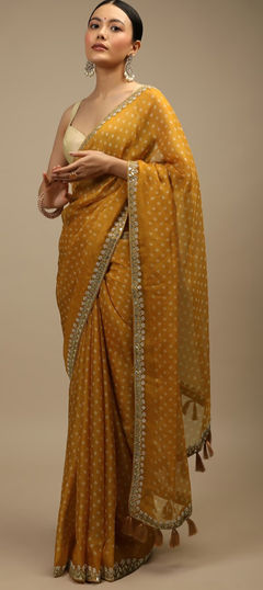 Yellow color Saree in Art Silk fabric with Embroidered, Printed, Sequence, Thread work