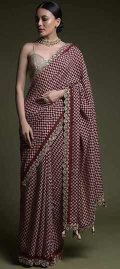 Red and Maroon color Saree in Art Silk fabric with Embroidered, Printed, Sequence, Thread work