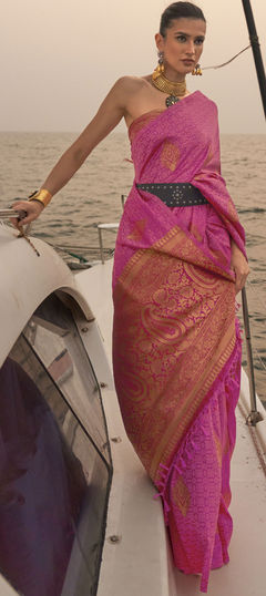 Pink and Majenta color Saree in Satin Silk, Silk fabric with Weaving work